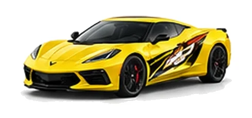 Chevrolet Corvette in Shock Yellow with Chevrolet performance vinyl graphics, front three-quarter view on a white background.
