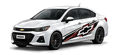 Chevrolet Cruze in Summit White with Chevrolet performance vinyl graphics, front three-quarter view on a white background.