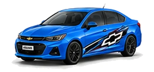 Chevrolet Cruze in Rapid Blue with Chevrolet performance vinyl graphics, front three-quarter view on a white background.