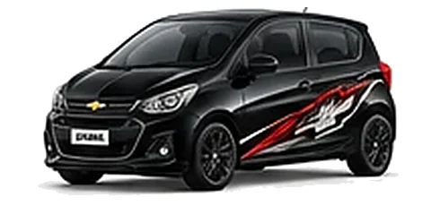 Chevrolet Spark in Black with Chevrolet performance vinyl graphics, front three-quarter view on a white background.
