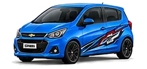 Chevrolet Spark in Rapid Blue with Chevrolet performance vinyl graphics, front three-quarter view on a white background.