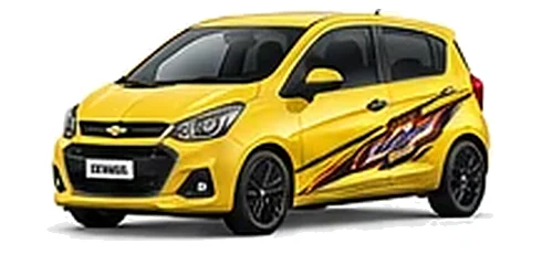Chevrolet Spark in Shock Yellow with Chevrolet performance vinyl graphics, front three-quarter view on a white background.