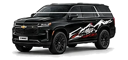 Chevrolet Tahoe in Black with Chevrolet performance vinyl graphics, front three-quarter view on a white background.