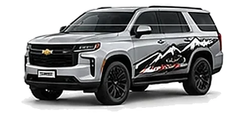 Chevrolet Tahoe in Silver Ice with Chevrolet performance vinyl graphics, front three-quarter view on a white background.