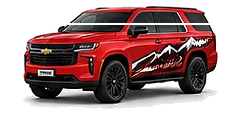 Chevrolet Tahoe in Torch Red with Chevrolet performance vinyl graphics, front three-quarter view on a white background.