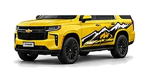 Chevrolet Tahoe in Shock Yellow with Chevrolet performance vinyl graphics, front three-quarter view on a white background.