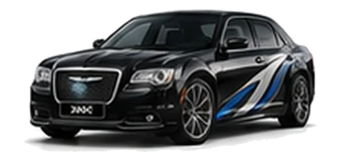 Chrysler 300C in Brilliant Black with blue and silver vinyl side graphics, front three-quarter view on a white background.
