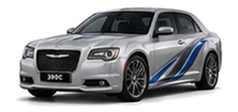 Chrysler 300C in Silver Mist with blue and silver vinyl side graphics, front three-quarter view on a white background.