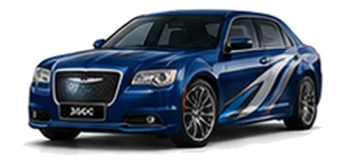 Chrysler 300C in Deep Water Blue with blue and silver vinyl side graphics, front three-quarter view on a white background.