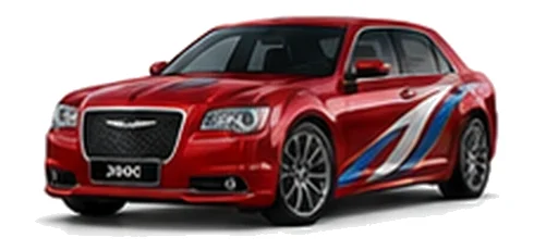 Chrysler 300C in Inferno Red with blue and silver vinyl side graphics, front three-quarter view on a white background.
