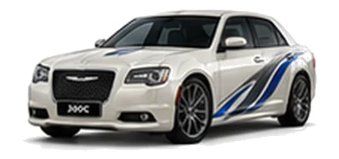 Chrysler 300C in Velvet Pearl with blue and silver vinyl side graphics, front three-quarter view on a white background.