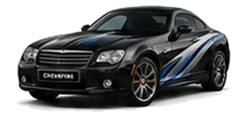 Chrysler Crossfire in Brilliant Black with blue and silver vinyl side graphics, front three-quarter view on a white background.
