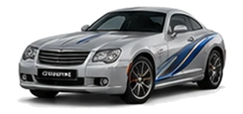 Chrysler Crossfire in Silver Mist with blue and silver vinyl side graphics, front three-quarter view on a white background.