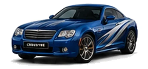 Chrysler Crossfire in Deep Water Blue with blue and silver vinyl side graphics, front three-quarter view on a white background.