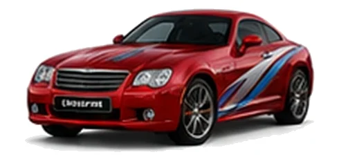 Chrysler Crossfire in Inferno Red with blue and silver vinyl side graphics, front three-quarter view on a white background.
