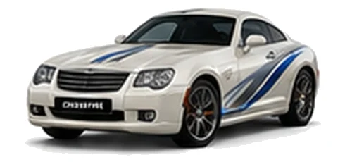 Chrysler Crossfire in Velvet Pearl with blue and silver vinyl side graphics, front three-quarter view on a white background.