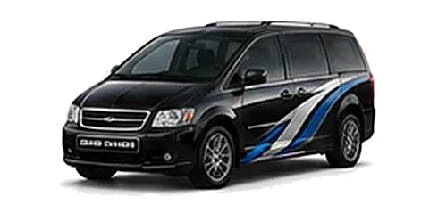Chrysler Grand Voyager in Brilliant Black with blue and silver vinyl side graphics, front three-quarter view on a white background.