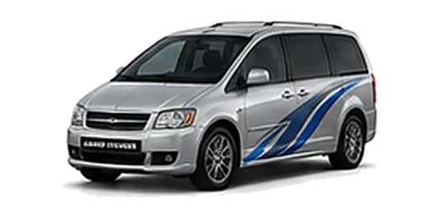 Chrysler Grand Voyager in Silver Mist with blue and silver vinyl side graphics, front three-quarter view on a white background.