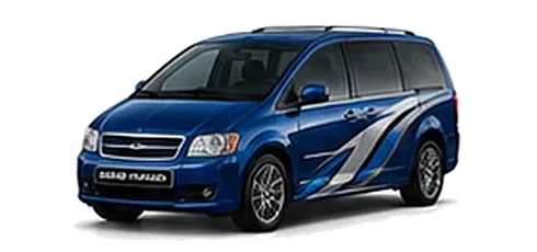 Chrysler Grand Voyager in Deep Water Blue with blue and silver vinyl side graphics, front three-quarter view on a white background.