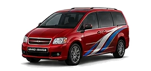 Chrysler Grand Voyager in Inferno Red with blue and silver vinyl side graphics, front three-quarter view on a white background.
