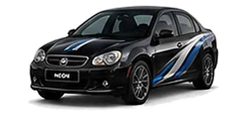 Chrysler Neon in Brilliant Black with blue and silver vinyl side graphics, front three-quarter view on a white background.