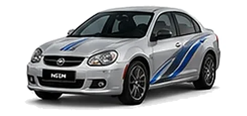 Chrysler Neon in Silver Mist with blue and silver vinyl side graphics, front three-quarter view on a white background.