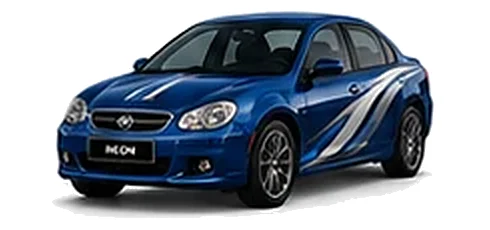 Chrysler Neon in Deep Water Blue with blue and silver vinyl side graphics, front three-quarter view on a white background.