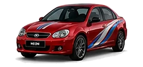 Chrysler Neon in Inferno Red with blue and silver vinyl side graphics, front three-quarter view on a white background.