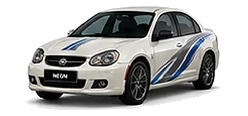 Chrysler Neon in Velvet Pearl with blue and silver vinyl side graphics, front three-quarter view on a white background.