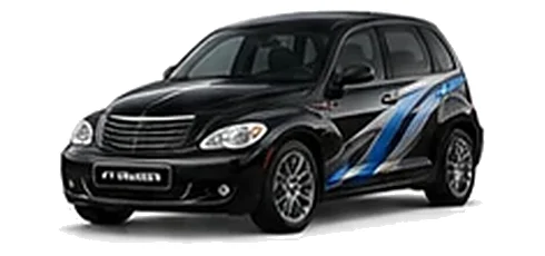 Chrysler PT Cruiser in Brilliant Black with blue and silver vinyl side graphics, front three-quarter view on a white background.