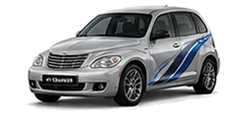 Chrysler PT Cruiser in Silver Mist with blue and silver vinyl side graphics, front three-quarter view on a white background.