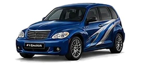 Chrysler PT Cruiser in Deep Water Blue with blue and silver vinyl side graphics, front three-quarter view on a white background.
