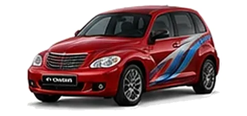 Chrysler PT Cruiser in Inferno Red with blue and silver vinyl side graphics, front three-quarter view on a white background.