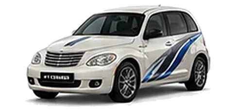 Chrysler PT Cruiser in Velvet Pearl with blue and silver vinyl side graphics, front three-quarter view on a white background.