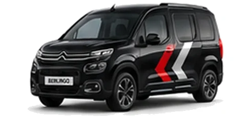 Citroën Berlingo in Perla Nera Black with red, grey and white chevron vinyl side graphics, front three-quarter view on a white background.