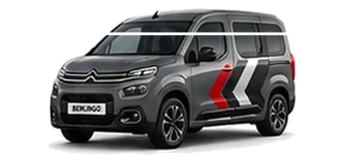 Citroën Berlingo in Steel Grey with red, grey and white chevron vinyl side graphics, front three-quarter view on a white background.