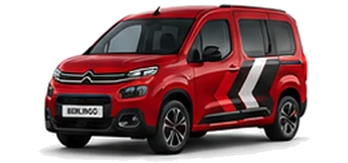 Citroën Berlingo in Elixir Red with red, grey and white chevron vinyl side graphics, front three-quarter view on a white background.