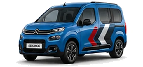 Citroën Berlingo in Spring Blue with red, grey and white chevron vinyl side graphics, front three-quarter view on a white background.