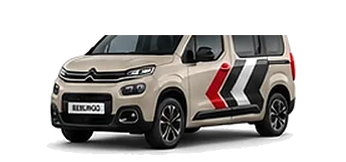 Citroën Berlingo in Soft Sand with red, grey and white chevron vinyl side graphics, front three-quarter view on a white background.
