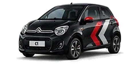 Citroën C1 in Perla Nera Black with red, grey and white chevron vinyl side graphics, front three-quarter view on a white background.