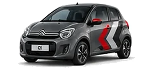 Citroën C1 in Steel Grey with red, grey and white chevron vinyl side graphics, front three-quarter view on a white background.