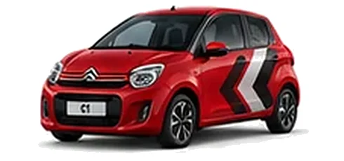 Citroën C1 in Elixir Red with red, grey and white chevron vinyl side graphics, front three-quarter view on a white background.