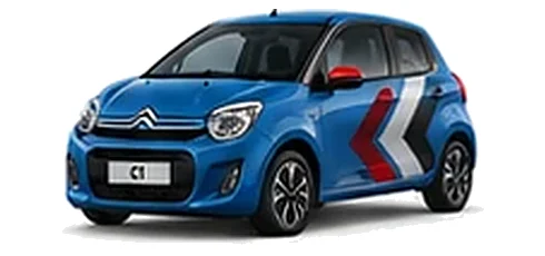 Citroën C1 in Spring Blue with red, grey and white chevron vinyl side graphics, front three-quarter view on a white background.