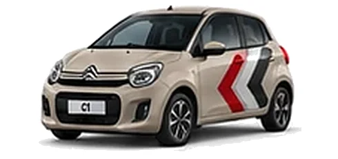 Citroën C1 in Soft Sand with red, grey and white chevron vinyl side graphics, front three-quarter view on a white background.
