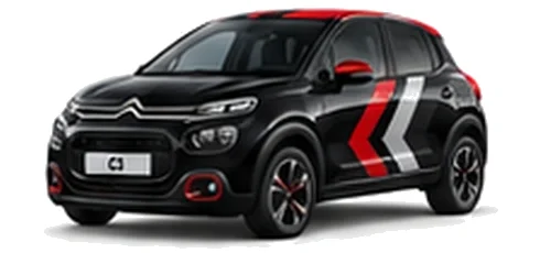 Citroën C3 in Perla Nera Black with red, grey and white chevron vinyl side graphics, front three-quarter view on a white background.