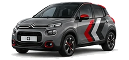 Citroën C3 in Steel Grey with red, grey and white chevron vinyl side graphics, front three-quarter view on a white background.