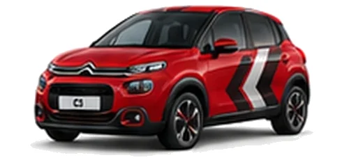 Citroën C3 in Elixir Red with red, grey and white chevron vinyl side graphics, front three-quarter view on a white background.