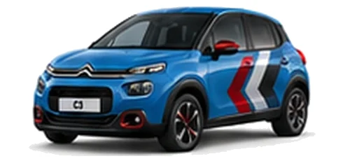 Citroën C3 in Spring Blue with red, grey and white chevron vinyl side graphics, front three-quarter view on a white background.