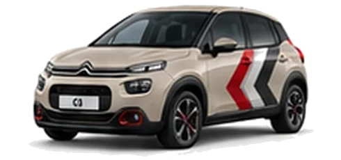 Citroën C3 in Soft Sand with red, grey and white chevron vinyl side graphics, front three-quarter view on a white background.