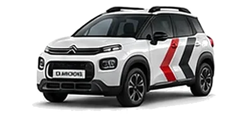 Citroën C3 Aircross in Polar White with red, grey and white chevron vinyl side graphics, front three-quarter view on a white background.